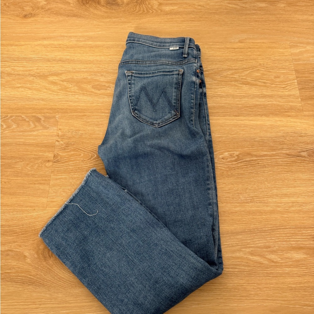 MOTHER Dark Blue Straight-Leg Jeans with Raw Hem